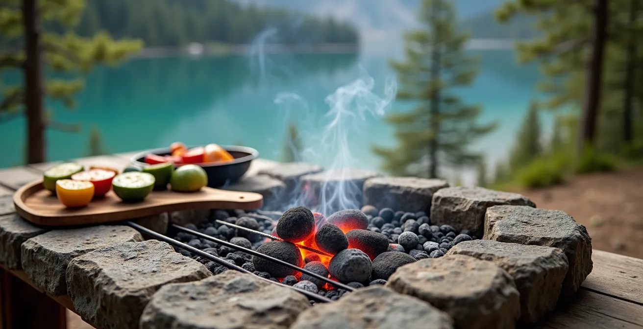 Aire de pique-nique aménagée au bord d'un lac de montagne avec foyer en pierre