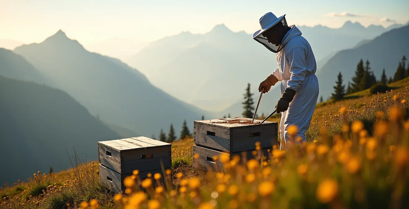 Un apiculteur en tenue protectrice manipulant une ruche en altitude avec vue sur les alpages fleuris