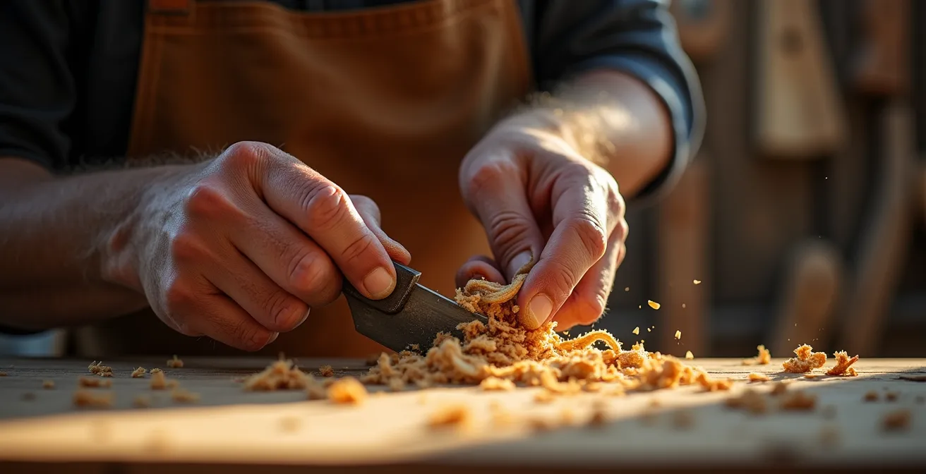 Artisan travaillant le bois dans son atelier de montagne traditionnel
