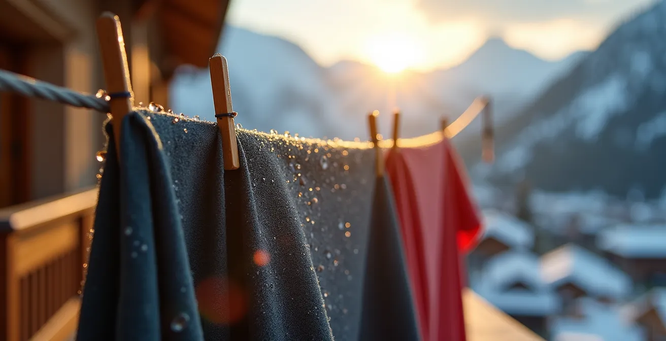 Système de séchage extérieur sur balcon de studio montagne avec cordes tendues et pinces à linge