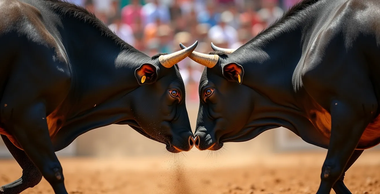 Gros plan sur deux vaches d'Hérens front contre front dans leur combat rituel, avec la foule floue en arrière-plan