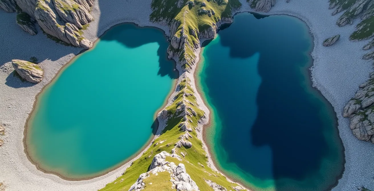 Vue aérienne montrant deux lacs de montagne côte à côte avec des couleurs contrastées turquoise et bleu profond