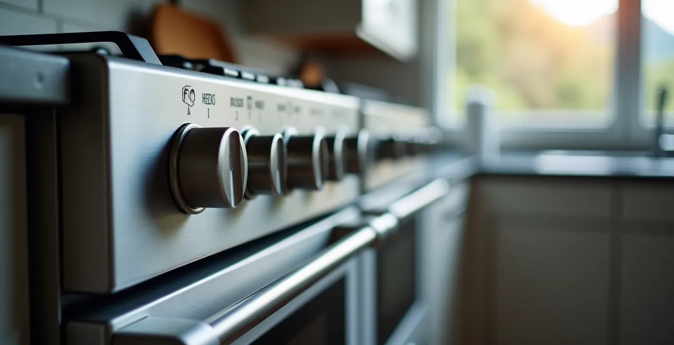 Cuisine moderne d'appartement de montagne avec four encastré et îlot central