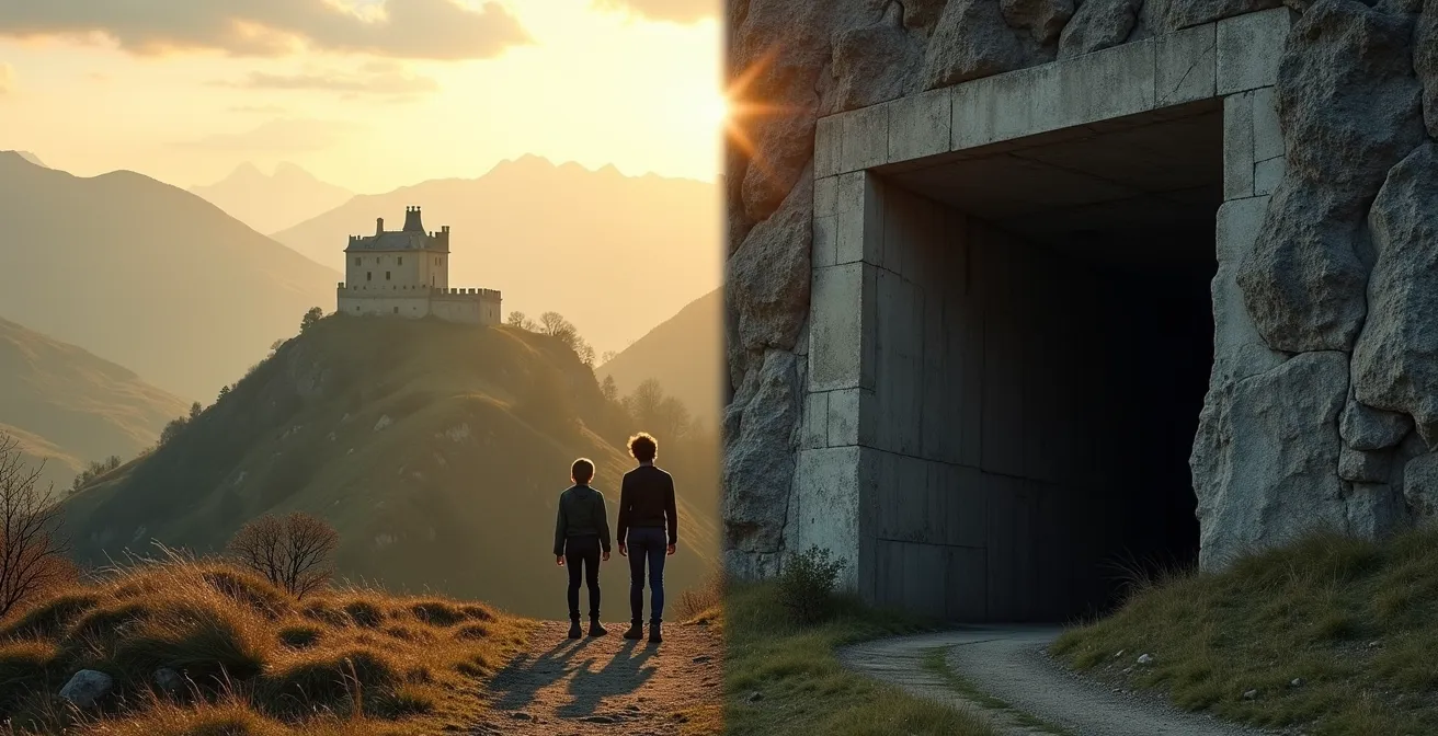 Vue comparative montrant un fort Vauban en étoile sur une colline et l'entrée souterraine d'un ouvrage Maginot