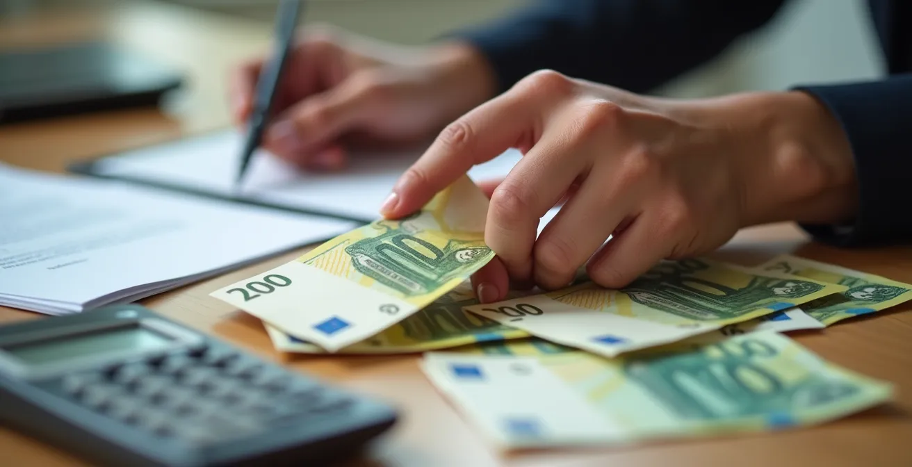 Gros plan sur des mains comptant des billets euros avec une calculatrice floue en arrière-plan