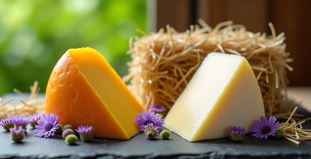 Comparaison visuelle entre un fromage d'été doré et un fromage d'hiver plus pâle montrant la différence de couleur due au bêta-carotène