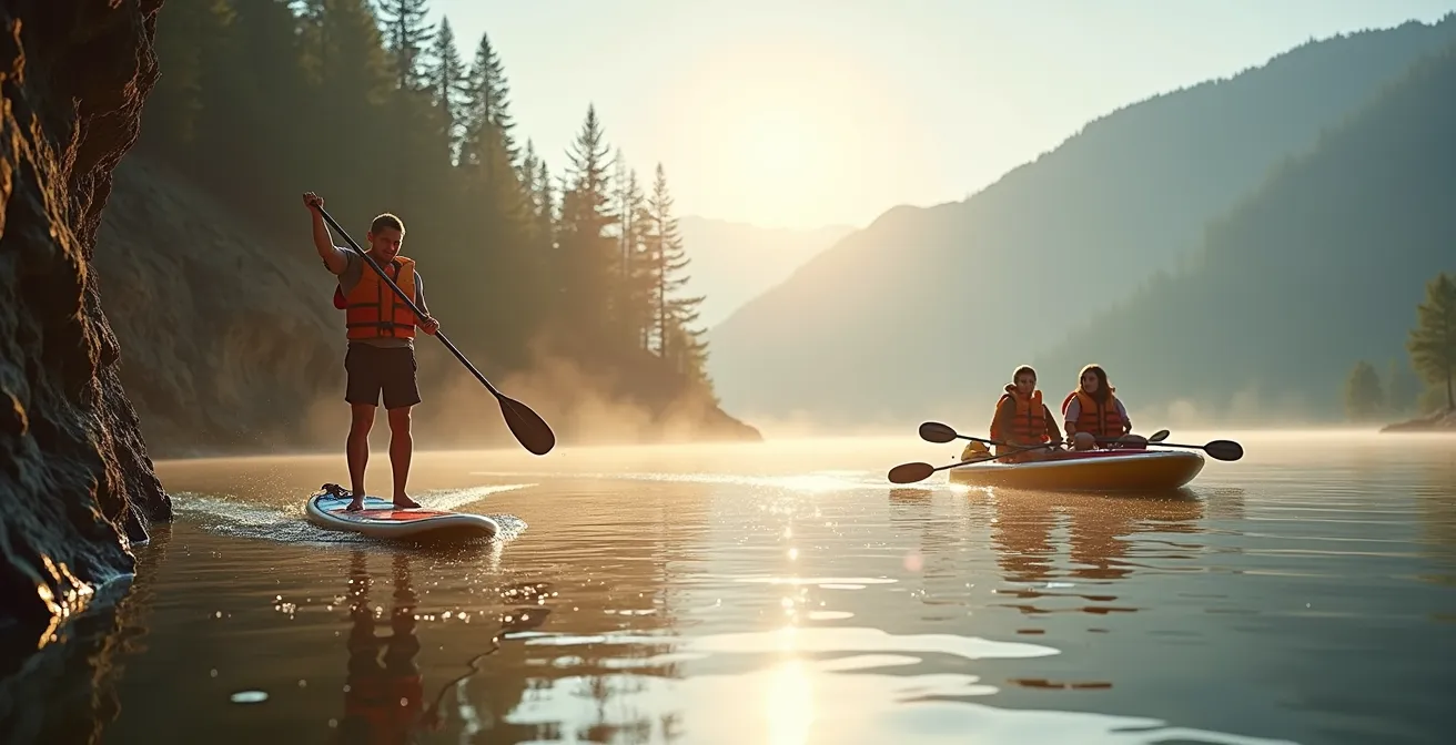 Vue comparative d'une famille sur paddle et d'une autre sur pédalo sur un lac de montagne calme