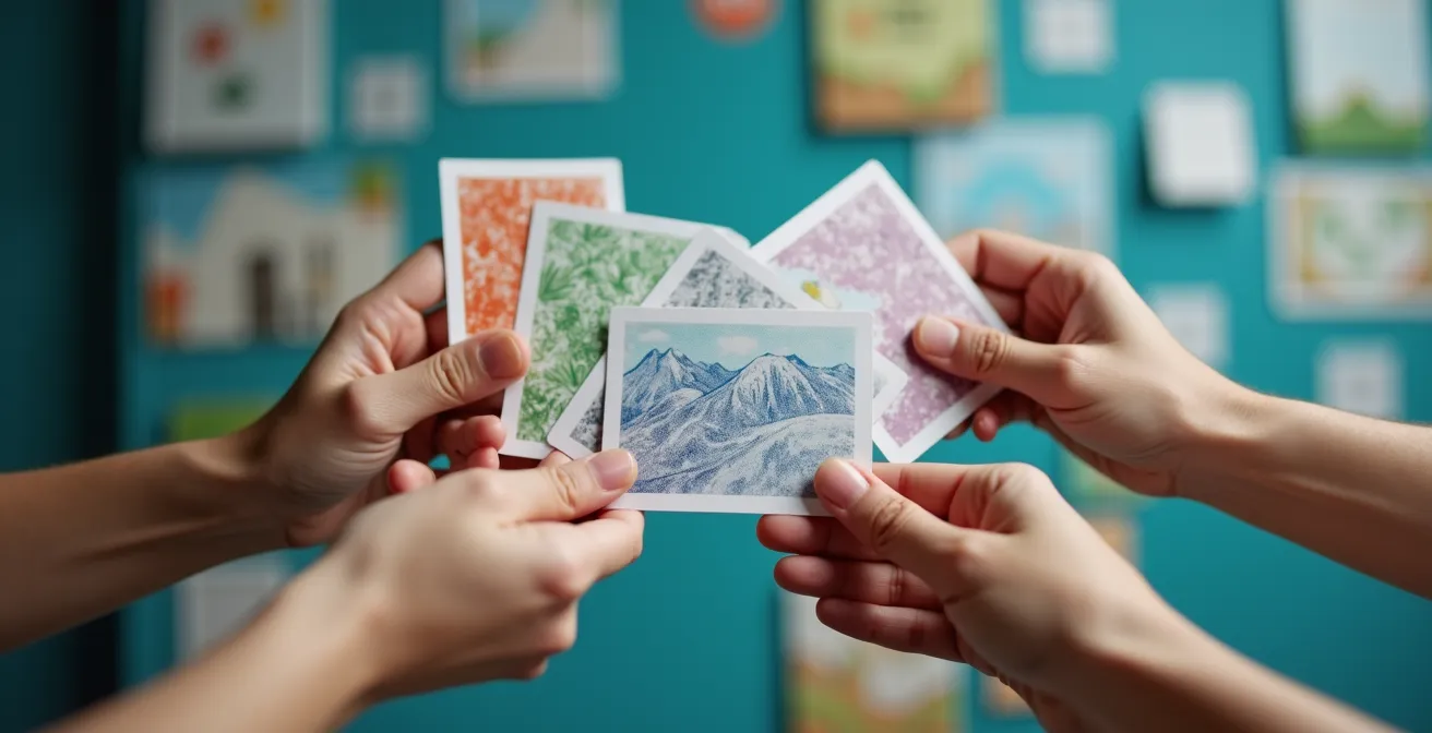 Main tenant plusieurs cartes Pass colorées devant un panneau d'activités de station de montagne