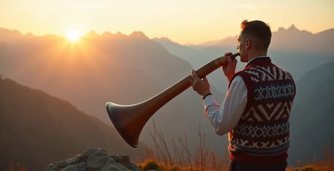 Joueur de cor des Alpes en costume traditionnel sur un promontoire rocheux face aux sommets alpins au lever du soleil