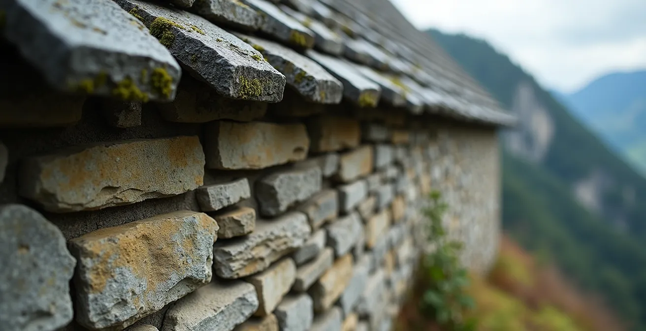 Détail macro d'un mur en pierre sèche et d'un toit de lauze traditionnel