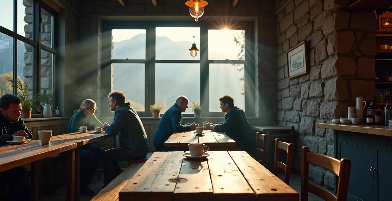 Intérieur chaleureux d'un café de village montagnard avec habitants locaux en discussion paisible