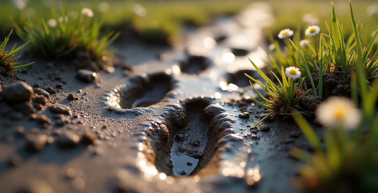 Gros plan sur des empreintes fraîches de chamois dans la boue alpine