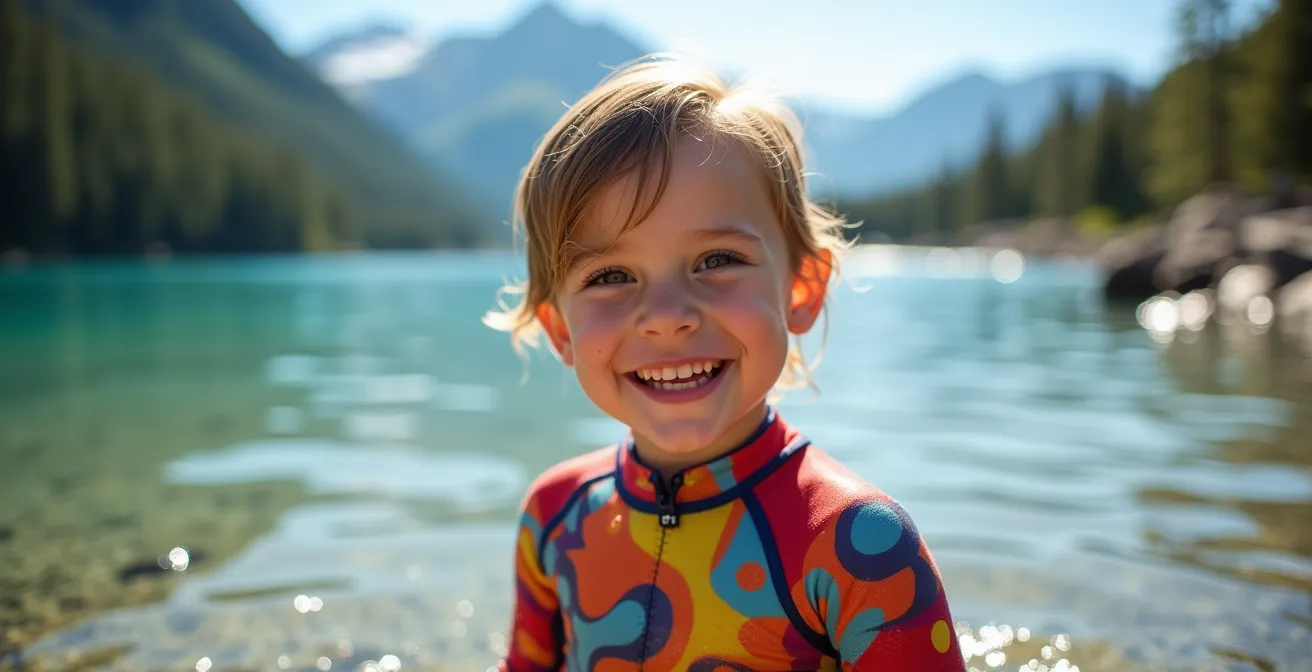 Enfant portant une combinaison néoprène courte au bord d'un lac de montagne