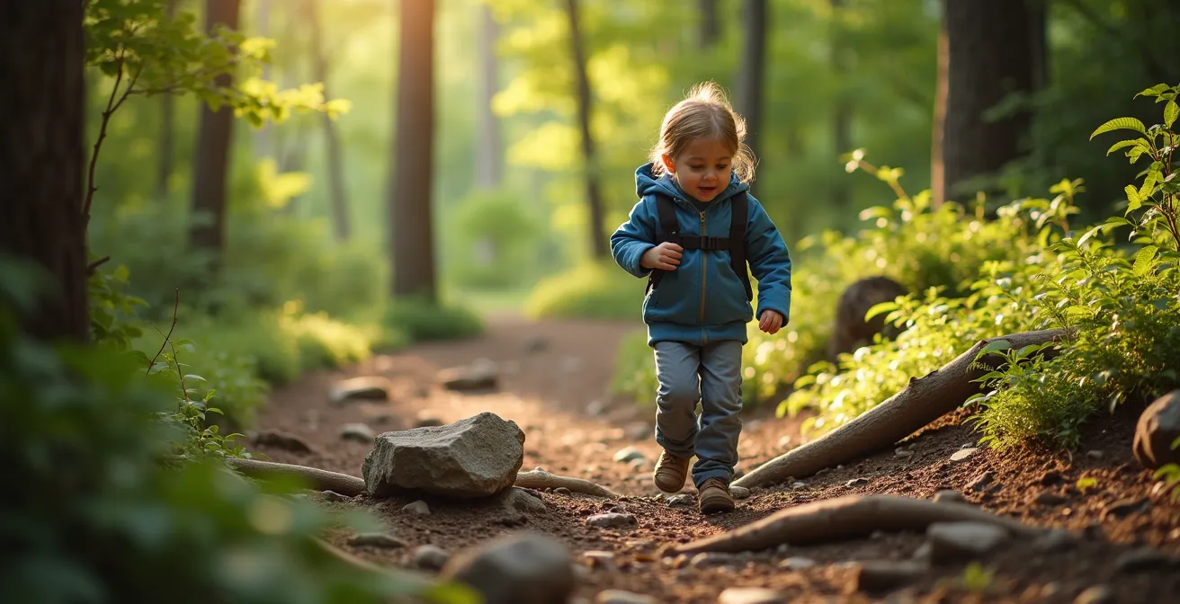Enfant de 7 ans marchant joyeusement sur un sentier forestier avec des éléments naturels à découvrir