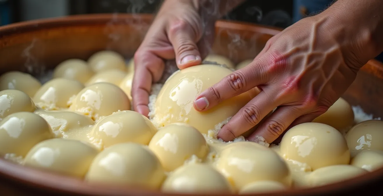 Mains d'artisan fromager travaillant le caillé dans une cuve traditionnelle en cuivre