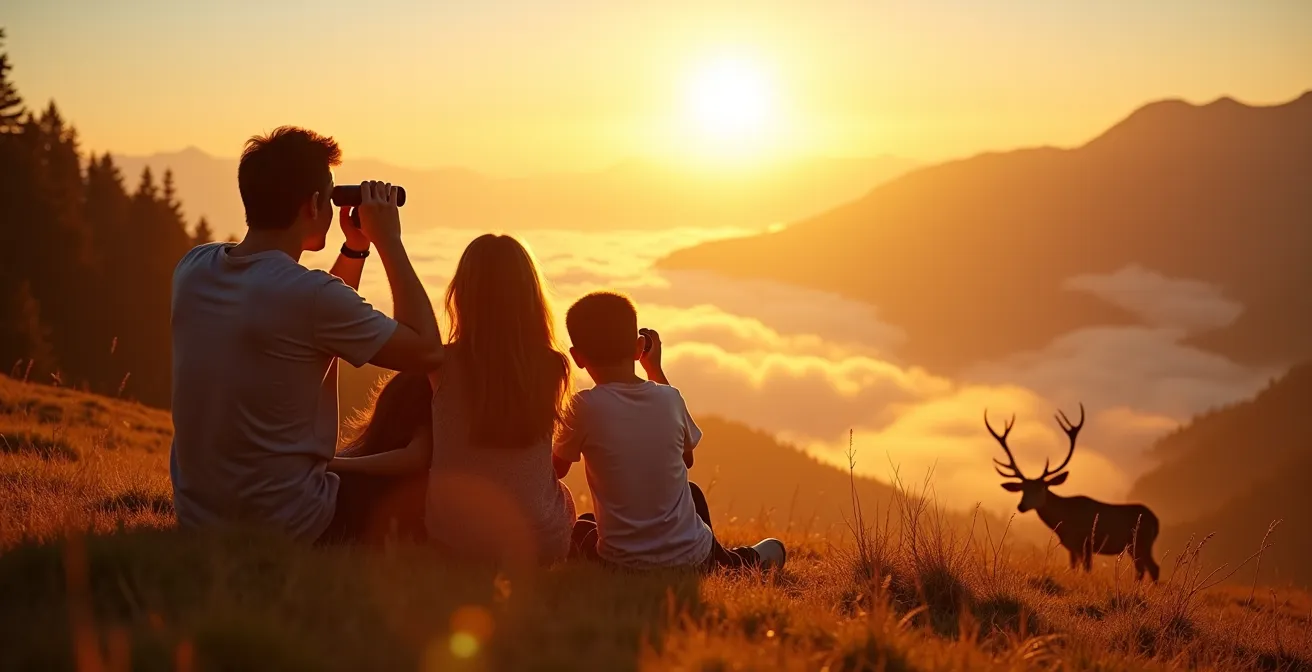 Famille en position d'observation au lever du soleil dans les alpages