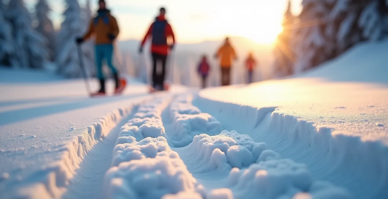 Famille pratiquant la randonnée en raquettes dans un paysage de montagne enneigé