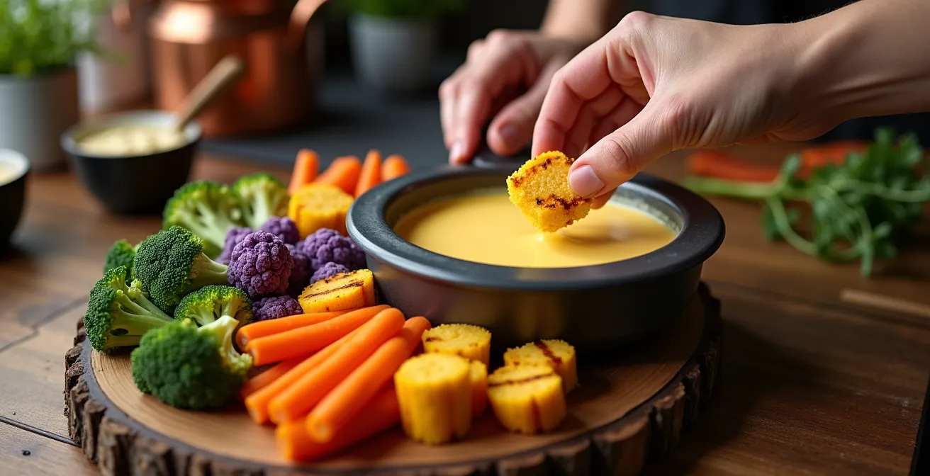 Assortiment coloré de légumes crus pour fondue avec caquelon de fromage fondu végétal