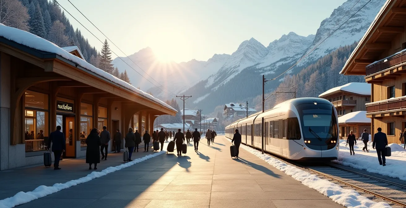 Voyageurs descendant du train en gare de montagne avec navette électrique en attente