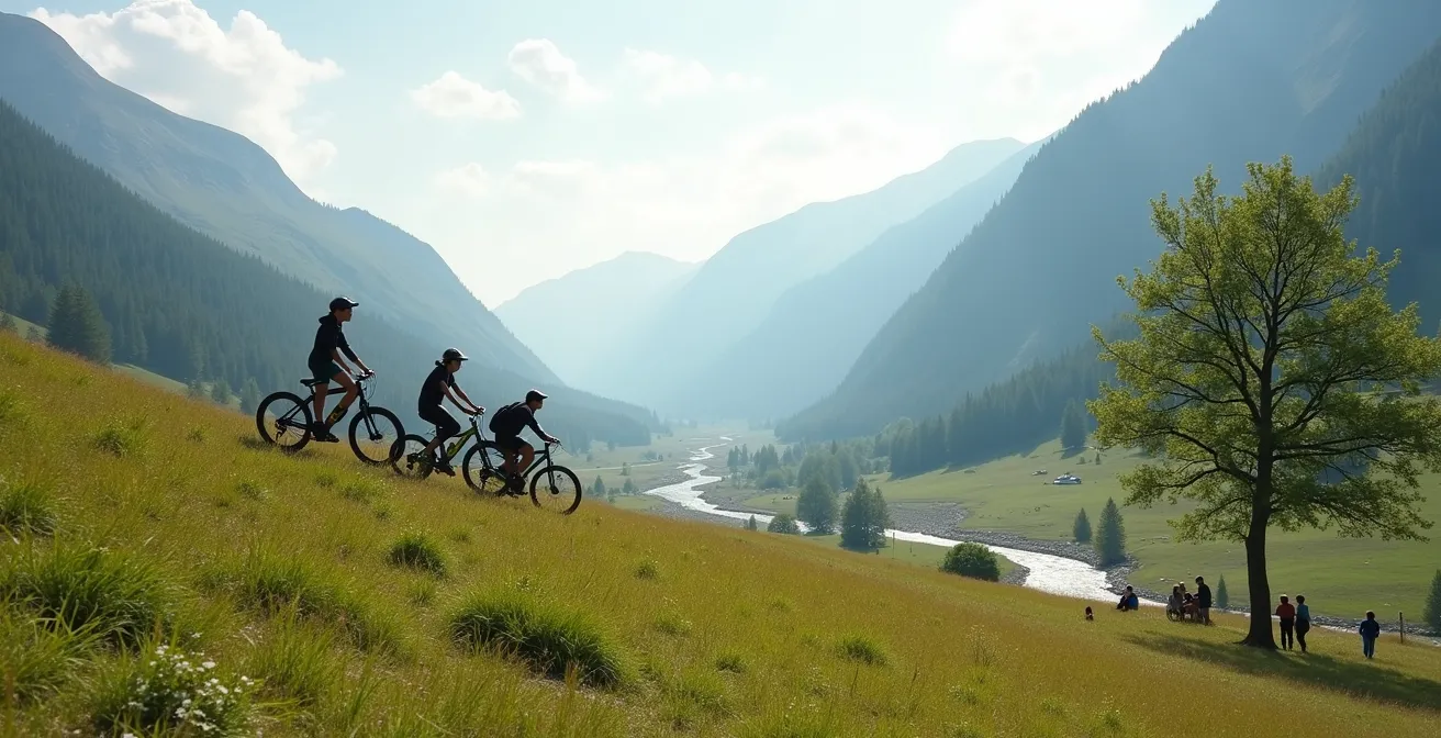 Plusieurs petits groupes familiaux pratiquant différentes activités dans un même paysage montagnard