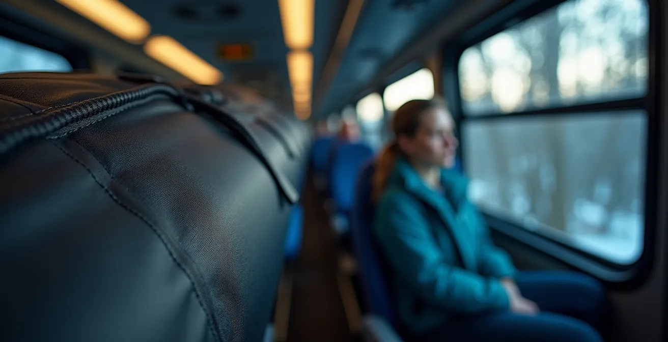 Housse de ski souple compressée posée verticalement dans un compartiment de bus