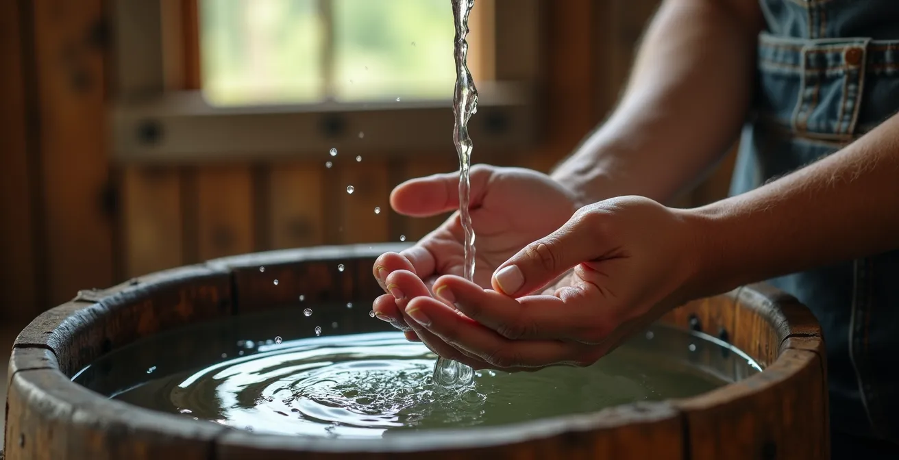 Randonneur utilisant une bassine d'eau dans un refuge de montagne