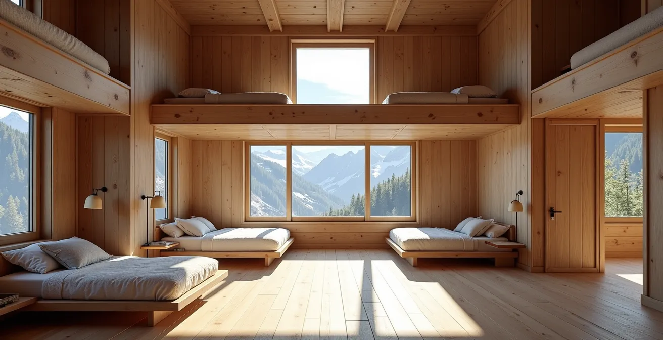 Vue intérieure d'un chalet montrant différents types de chambres sur plusieurs étages