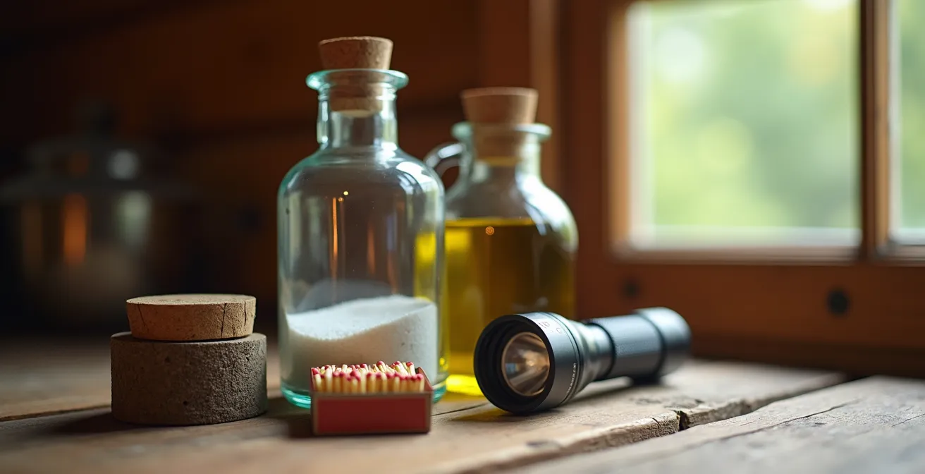 Nature morte d'objets essentiels pour une location de montagne disposés sur une table en bois rustique