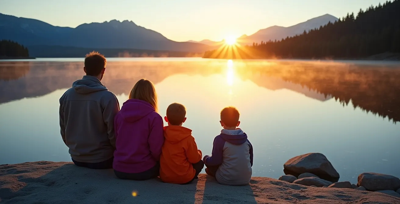 Famille contemplant un lac de montagne désert à l'aube avec reflets dorés sur l'eau