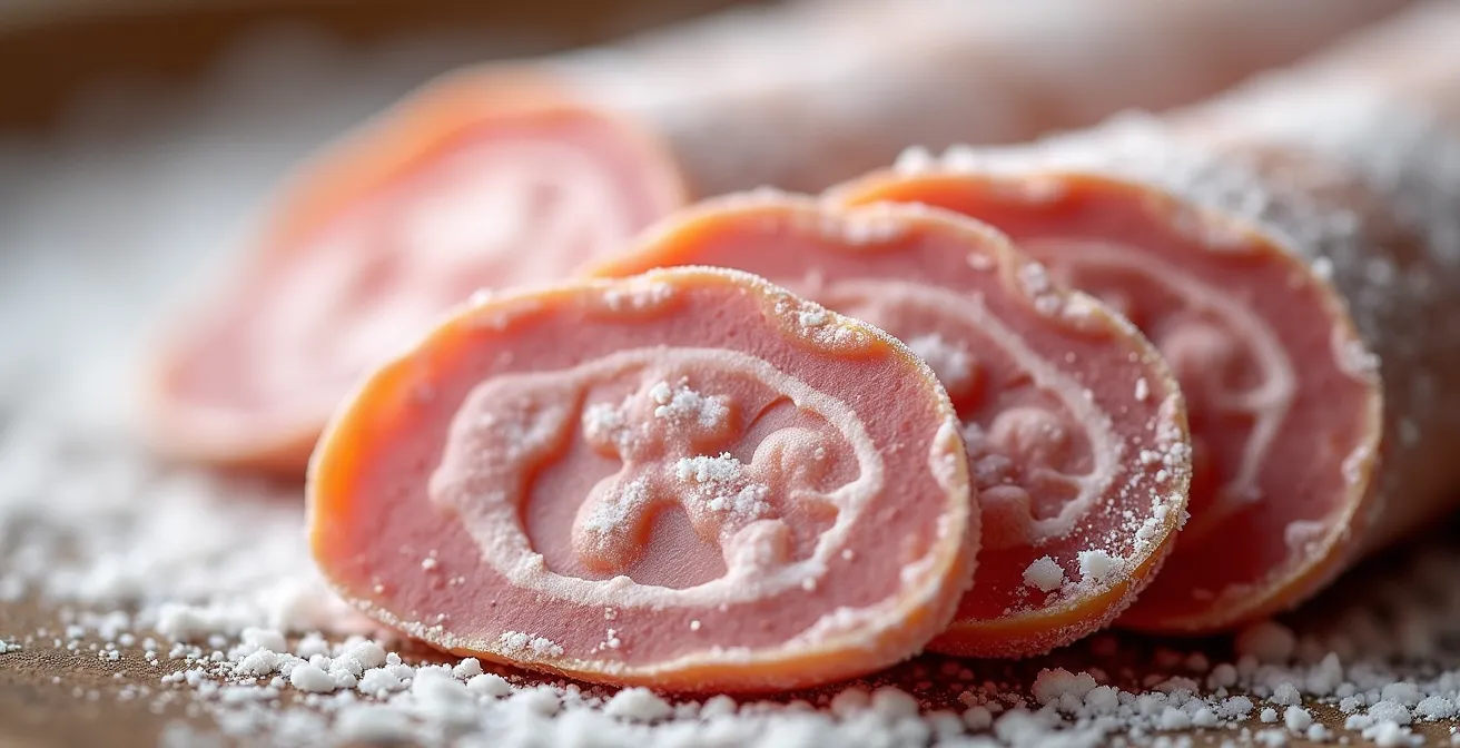 Vue macro de la fleur blanche naturelle sur un saucisson artisanal montrant la texture duveteuse