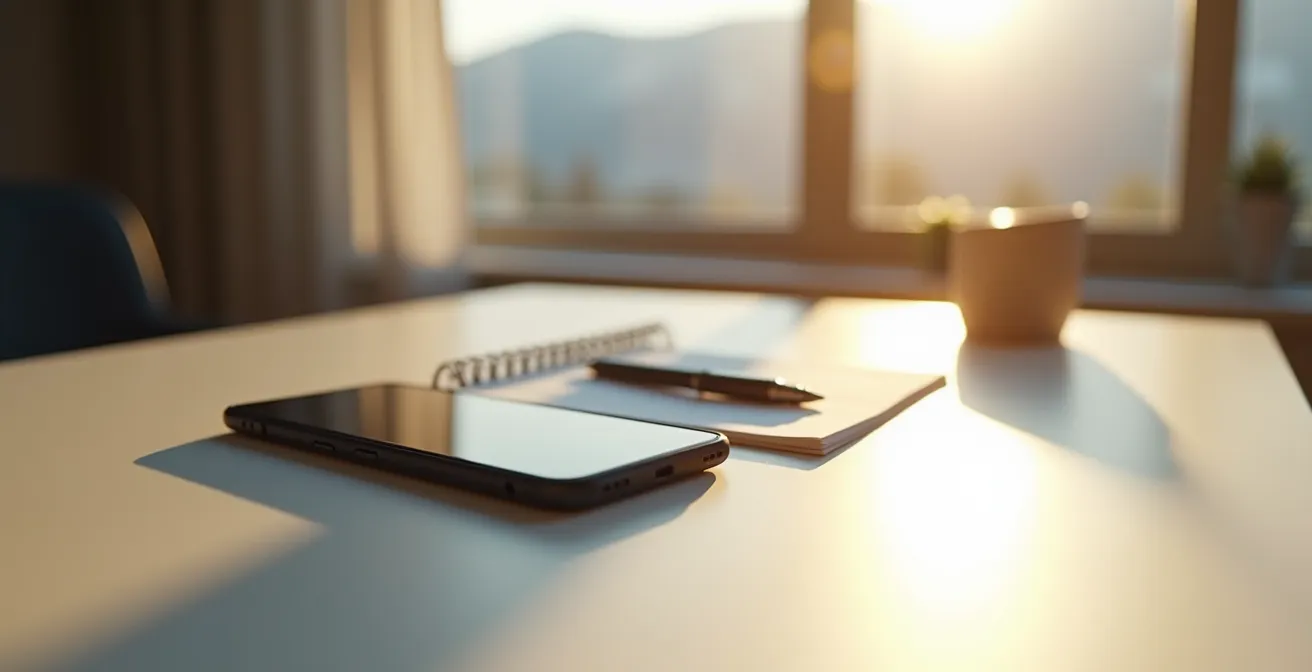 Vue minimaliste d'un bureau avec téléphone, carnet de notes et stylo dans une ambiance chaleureuse