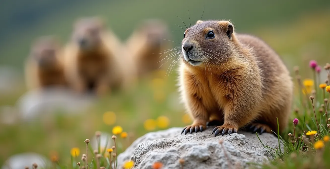 Famille observant discrètement des marmottes à distance avec des jumelles dans un alpage