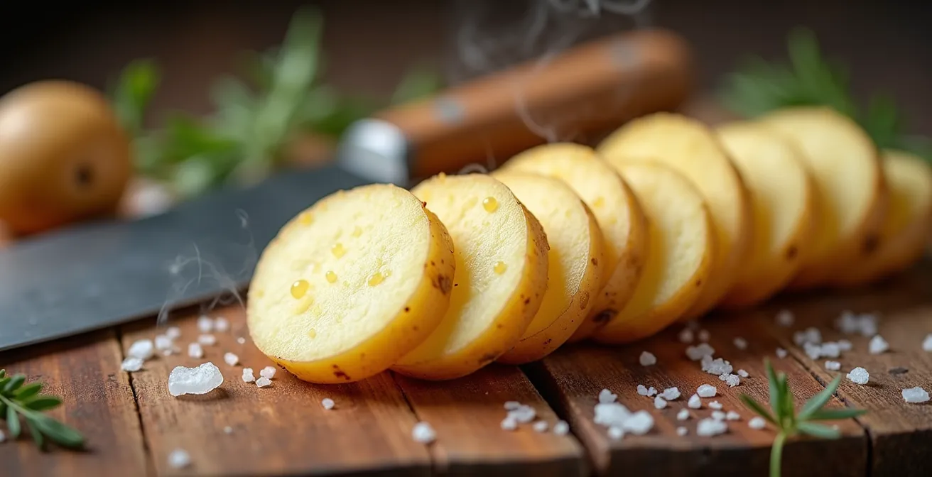 Pommes de terre coupées en rondelles épaisses avec texture visible, vapeur montante délicate