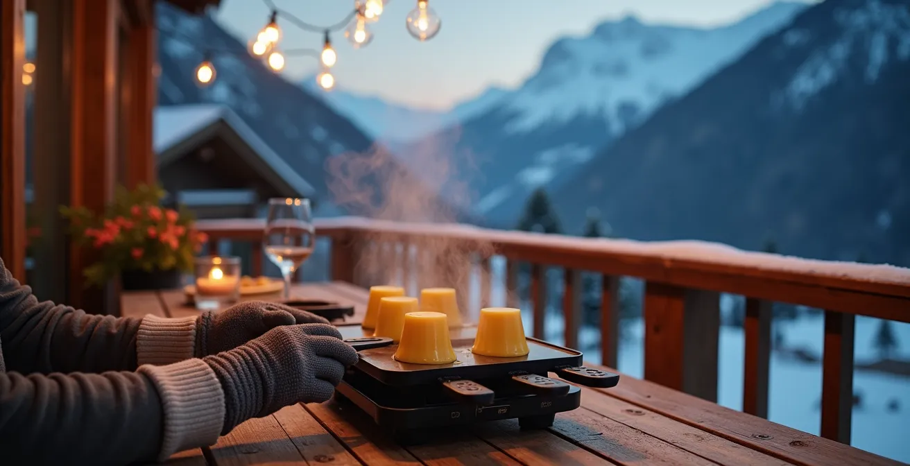 Appareil à raclette installé sur table de balcon enneigé avec vue montagne