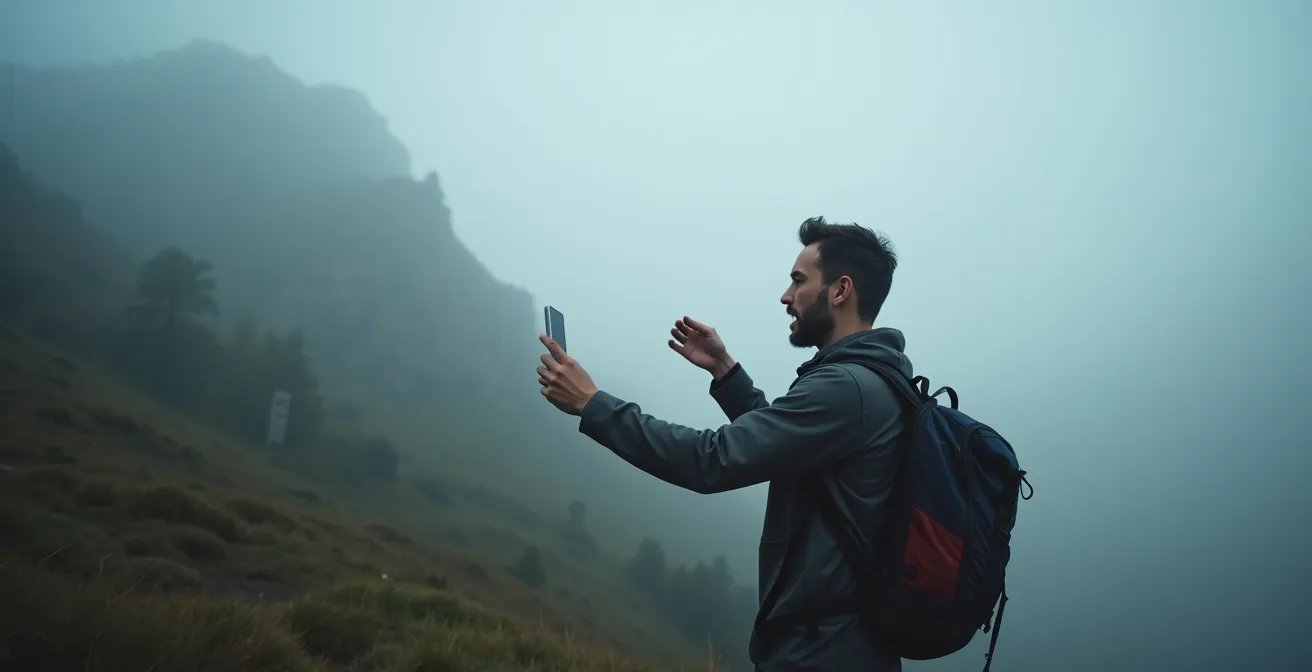 Randonneur consultant son smartphone dans le brouillard dense en montagne, illustrant la dépendance technologique