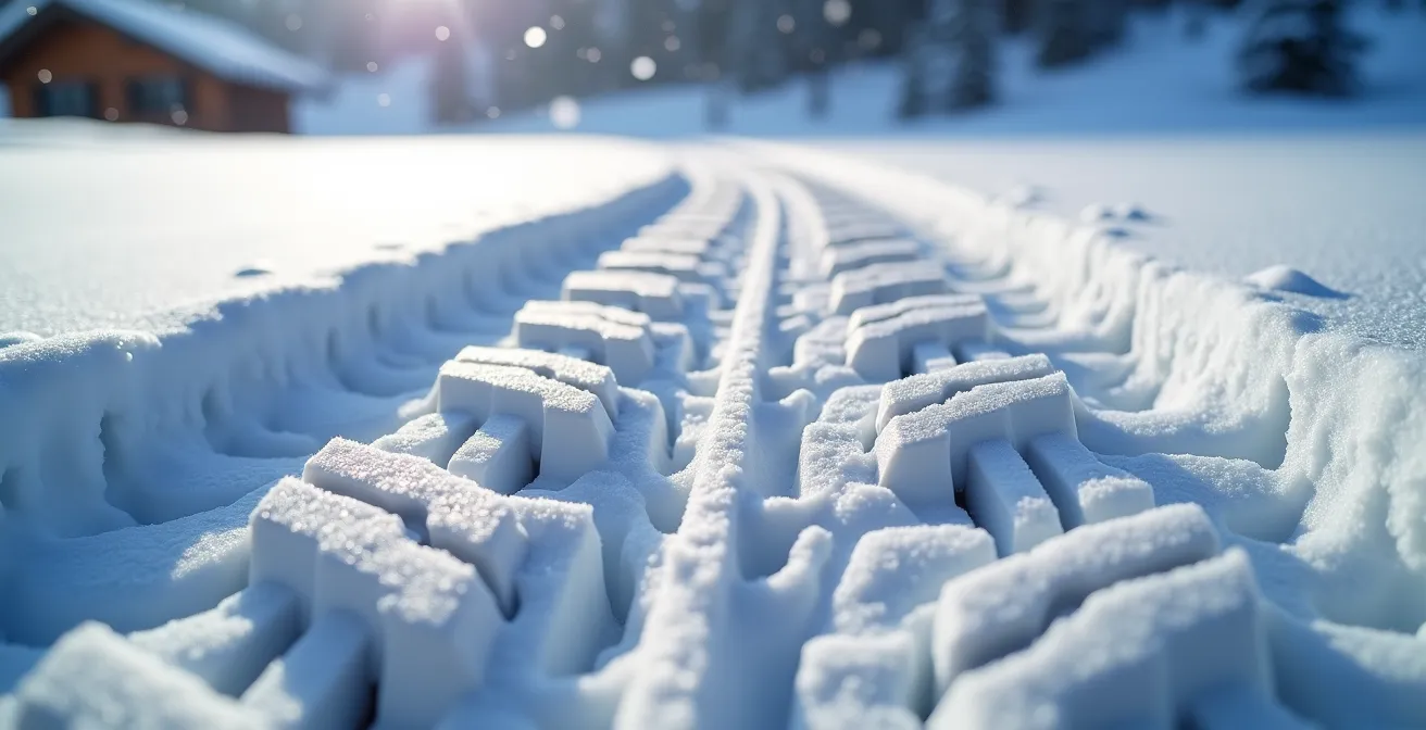Route de montagne enneigée menant à un chalet isolé avec traces de pneus