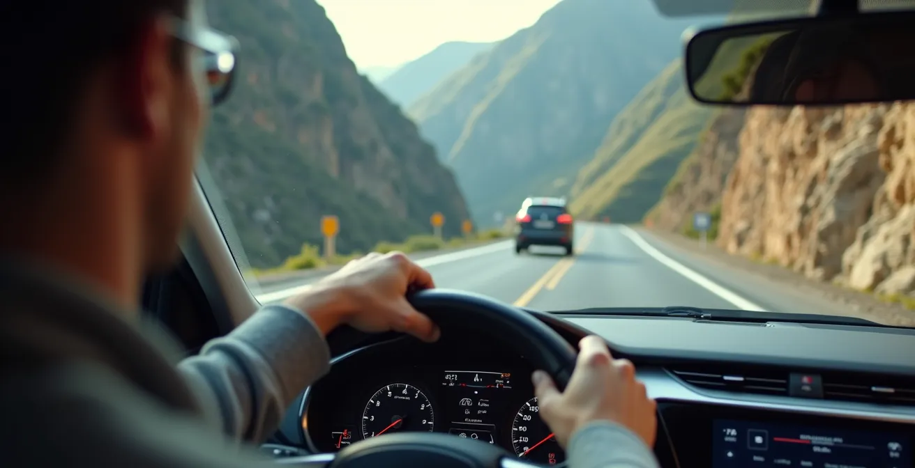 Route de montagne sinueuse à une voie avec un véhicule en attente d'un croisement