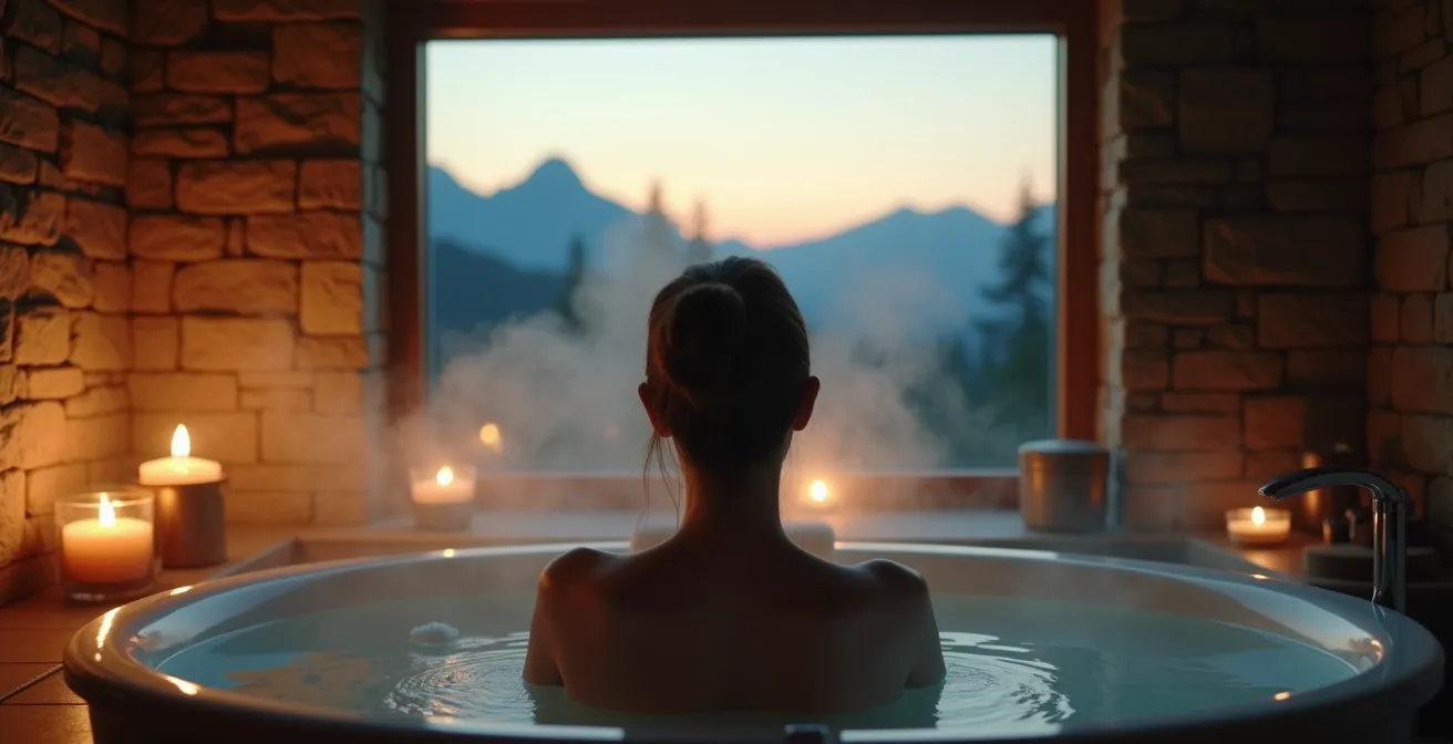 Salle de bain moderne avec vue montagne intégrant baignoire et douche