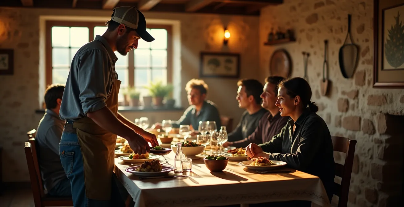 Petite salle de ferme-auberge chaleureuse avec tables en bois et décoration rustique authentique