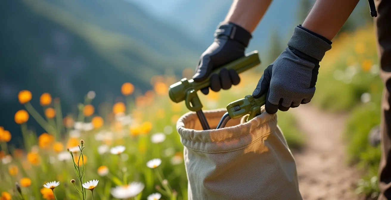 Randonneur ramassant des déchets sur un sentier de montagne dans le cadre du plogging
