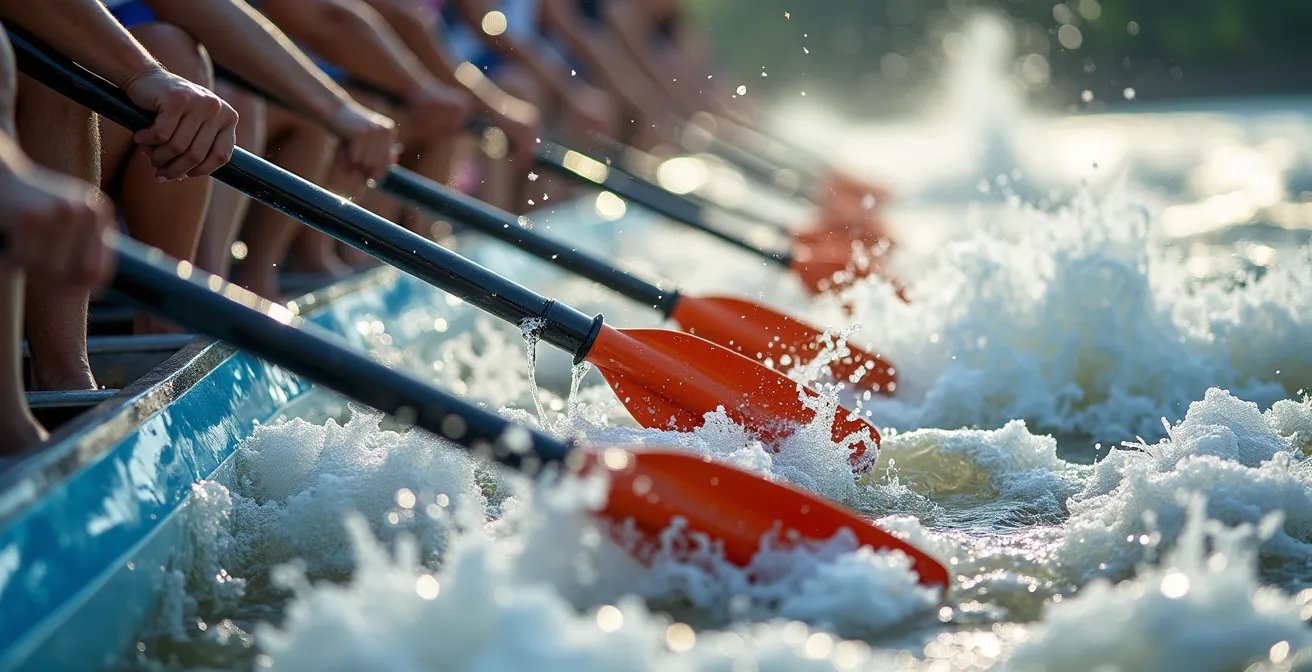Vue aérienne d'une équipe de rafting parfaitement synchronisée dans l'action