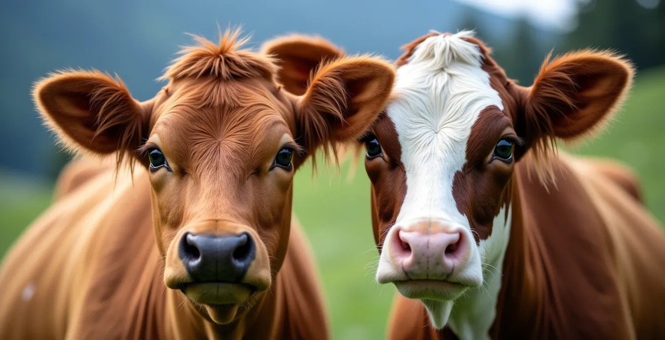 Gros plan sur les têtes de deux vaches, une Tarine fauve et une Abondance pie rouge, montrant leurs marques distinctives autour des yeux