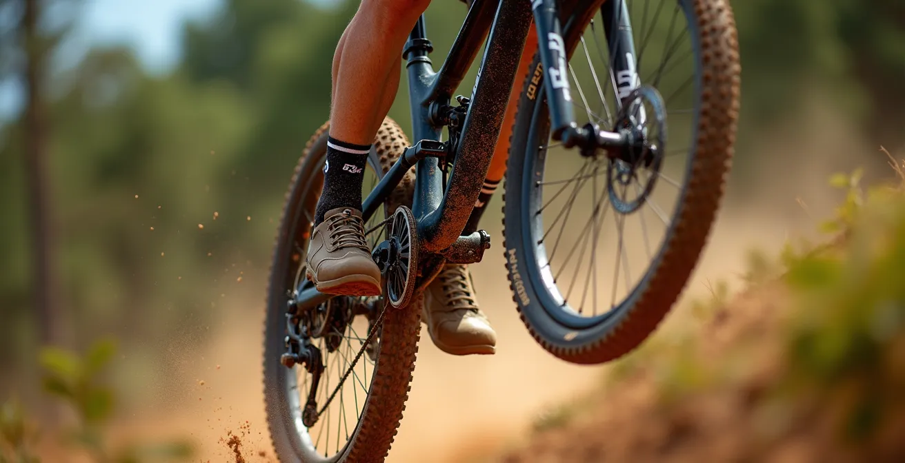 Gros plan sur les jambes d'un VTTiste effectuant un mouvement de pompage sur une table