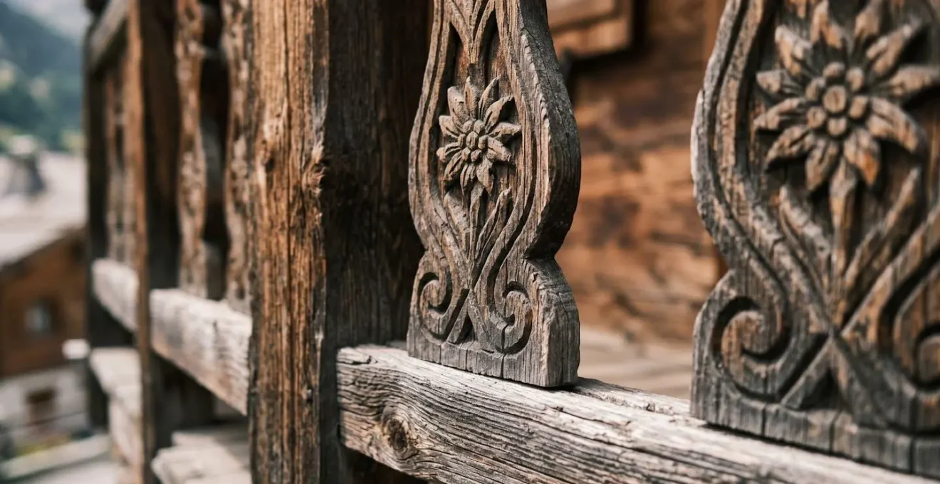 Gros plan sur une façade de chalet traditionnel en bois patiné avec un balcon sculpté et des volets en bois massif