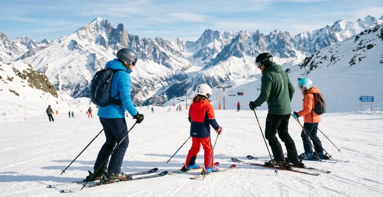Une famille de quatre personnes vue de dos skiant ensemble sur une large piste damée avec des équipements de ski modernes sous un ciel ensoleillé