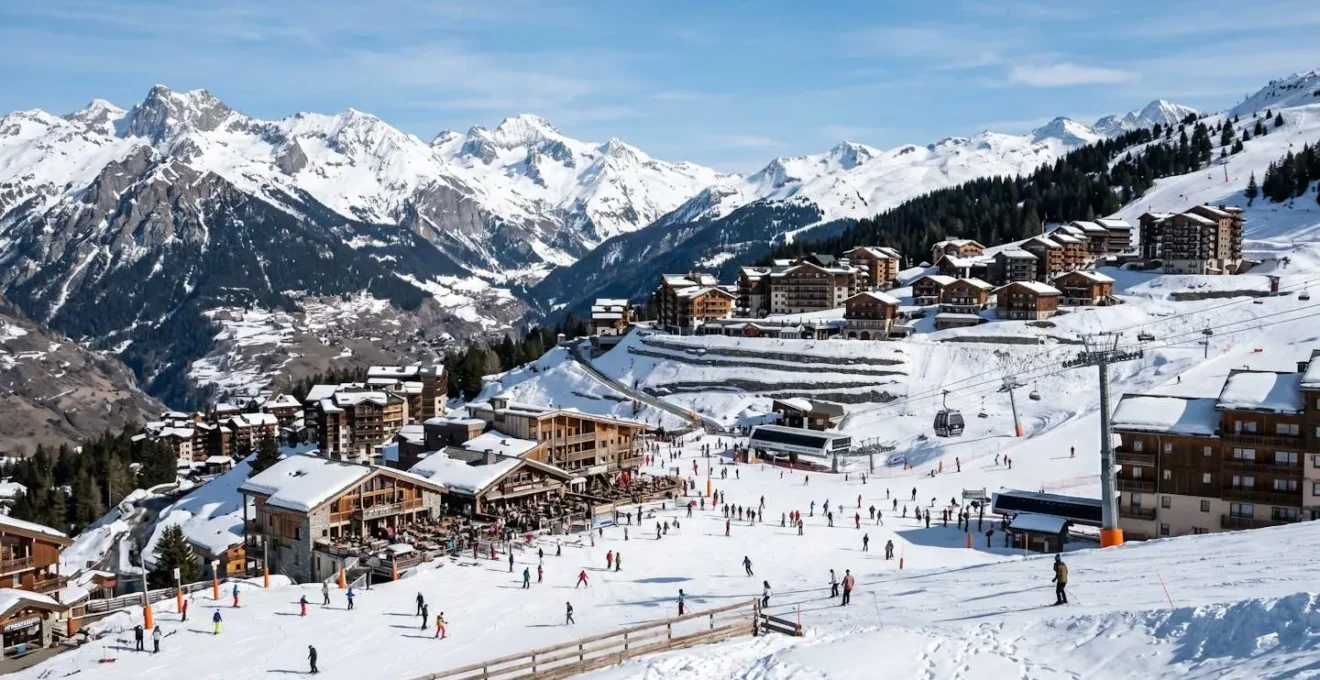 Panorama d'un versant de montagne enneigé montrant plusieurs villages alpins étagés à différentes altitudes sous un ciel bleu dégagé