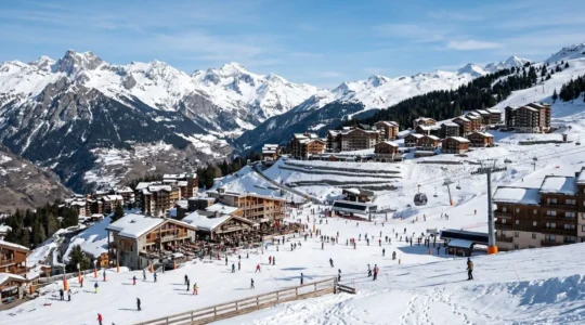Panorama d'un versant de montagne enneigé montrant plusieurs villages alpins étagés à différentes altitudes sous un ciel bleu dégagé